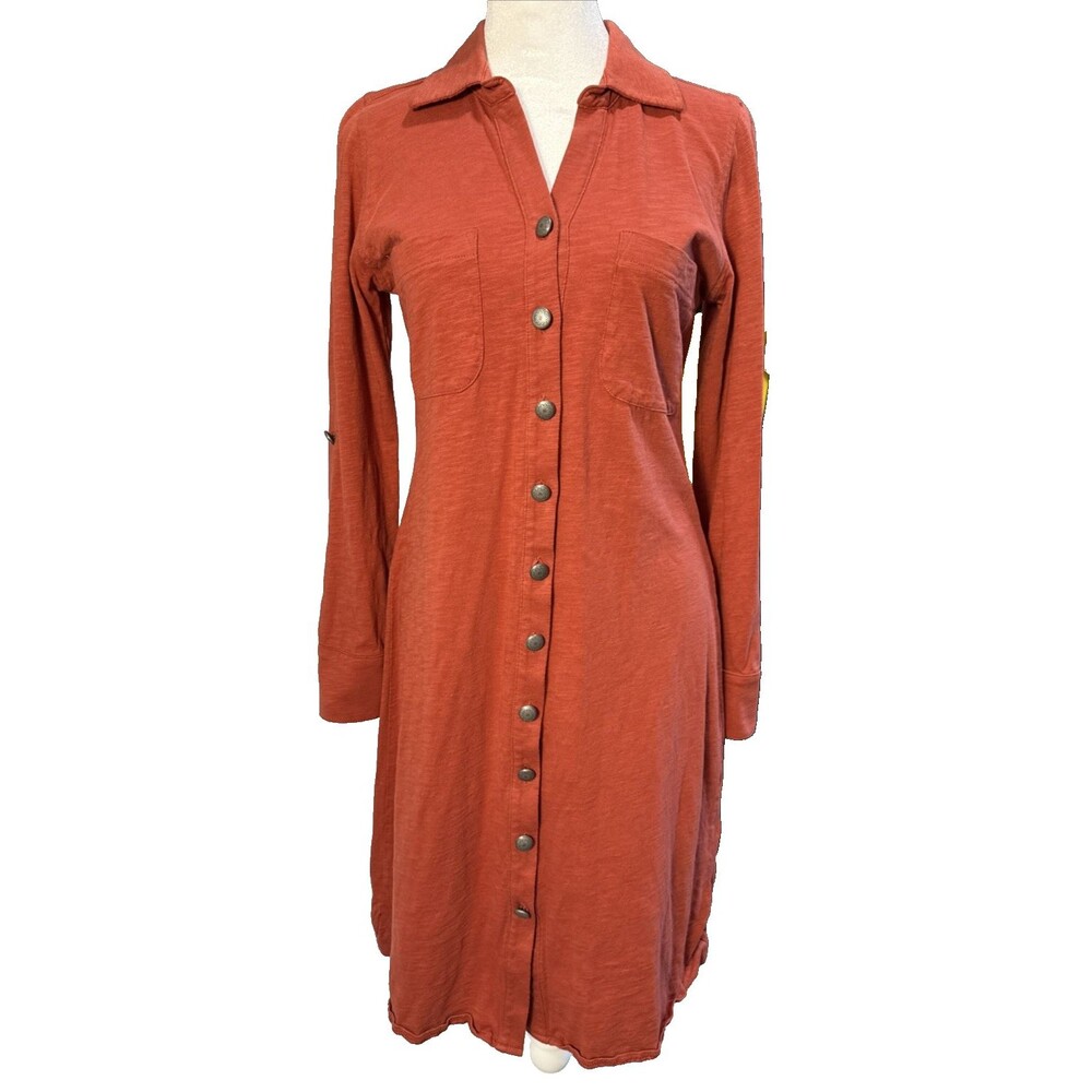 Soft Surroundings Rust Red Button Down Shirt Dress Sz XS 100% Cotton Casual Boho